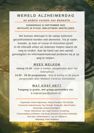 21 september 2023-programma over Alzheimer en dementie in bibliotheek Amstelveen. Aanmelden via dementieblog@proton.me